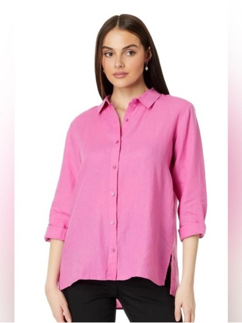 Eileen Fisher Organic 100% Linen Classic Collar Shirt Vibrant tulip pink Small